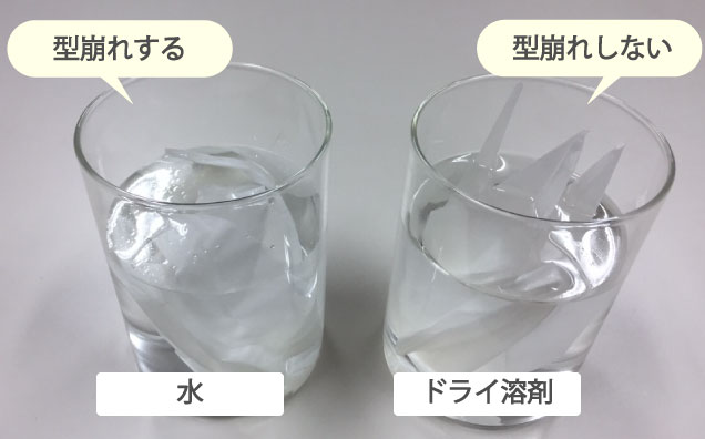 和紙で作った折り鶴を水とドライ溶剤に入れ比較している画像